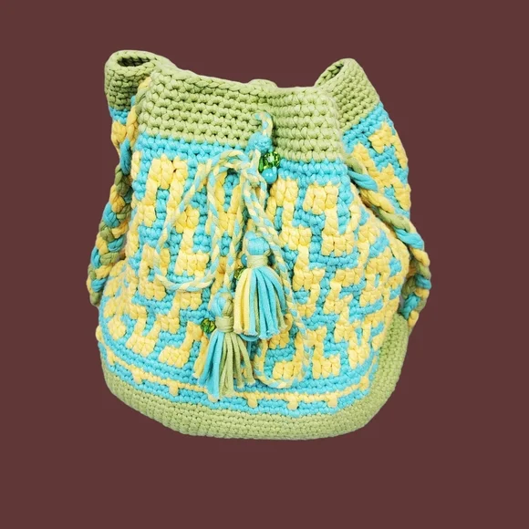Blue Green Yellow Multicolor Crochet Bucket Bag Size OS - Picture 5 of 12